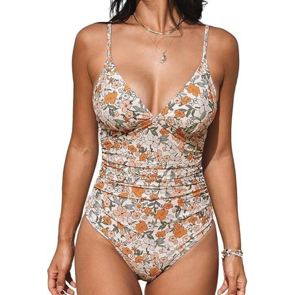Cupshe Floral Ruched Tummy Control One Piece Swimsuit Padded V-Neck Size M NWT